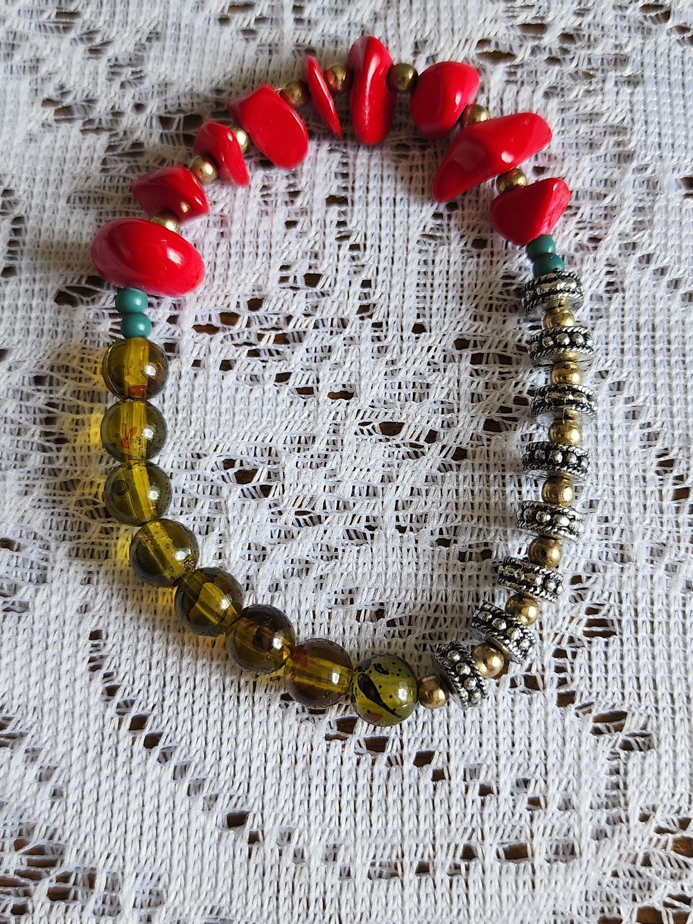 Handcrafted Red Coral & Amber Bead Stretch Bracelet